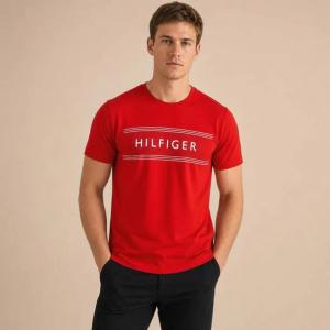 Tommy Hilfiger koszulka t-shirt męska czerwony z logo z przodu bawełniana regular rozmiar XL | Idealne na lato!