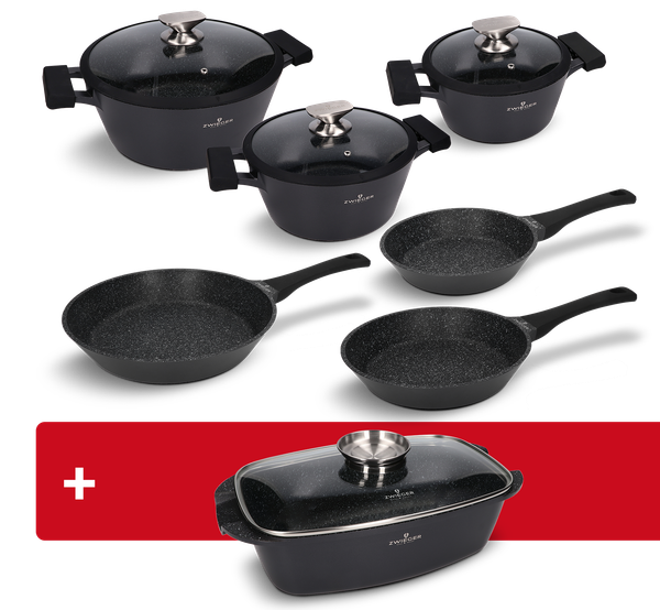 Zestaw garnków, patelni 9 el. Black Stone Zwieger + brytfanna Black Stone Zwieger