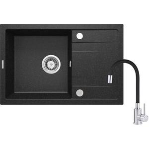 Set zlewozmywak granitowy ZRC 2113 grafit+bateria z giętą wylewką BME 024N chrom+osprzęt