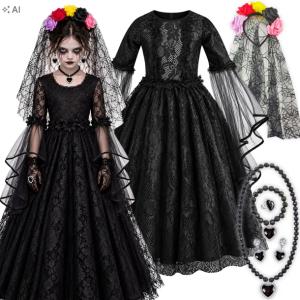 STRÓJ ZŁEJ KRÓLOWEJ SUKIENKA GOTYCKA UPIORNA CZARNA WDOWA HALLOWEEN 134 140