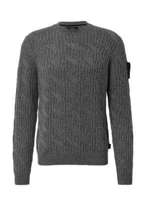 Dzianinowy sweter wykonany w 100% z wełny z dzianinowym wzorem i naszywką na rękawie