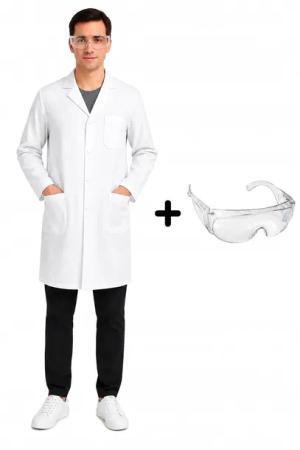 Zestaw laboratoryjny męski lekarski studencki fartuch i okulary roz. XL