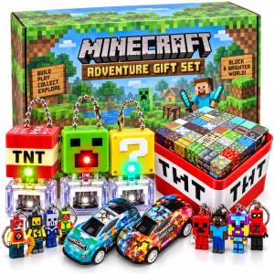 ZESTAW MINECRAFT 100EL. BRELOKI LED + MINIFIGURKI + KLOCKI MAGNETYCZNE + KARTY + RESORAK