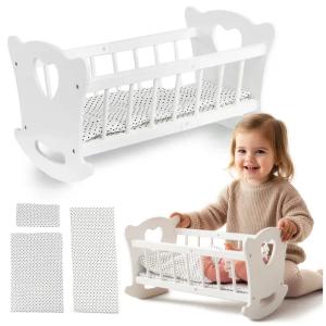 ŁÓŻECZKO DLA LALKI DUŻA KOŁYSKA DREWNIANA POŚCIEL KOŁDERKA KINDERPLAY BIAŁE