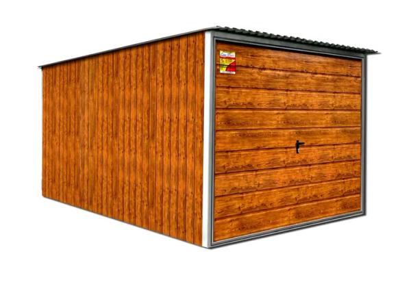 Garaż blaszany 3x5 LUX drewnopodobny, brama uchylna, garaż na wymiar