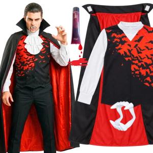 Strój Halloween HRABIA DRACULA WAMPIR KŁY SZTUCZNA KREW Kostium 5 el. S