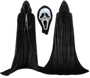 CZARNA PELERYNA SZATA KAPTUR HALLOWEEN PŁASZCZ WELUROWY+MASKA KRZYK XXL