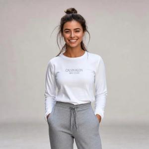 Calvin Klein longsleeve damski biały z logo i nadrukiem, bluzka z długim rękawem rozmiar XL | Idealne na jesień!