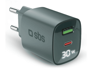 Ładowarka sieciowa SBS 30W USB-A USB-C Gan LED Jasnoszary