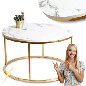 Zestaw Stolik Kawowy Okrągły Glamour Ława Biały Marmur Złoty CLIF MAX