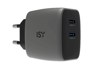 Ładowarka sieciowa ISY IAC-7045 2x USB-C GaN PD 45W Szara