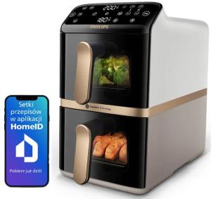 Frytkownica dwukomorowa beztłuszczowa Air Fryer Philips Ovi Stacked Dual Basket NA462/80 2750W 10l dwa kosze grill aplikacja biała