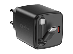 Ładowarka sieciowa SBS 65W USB-C GaN ze zwijanym kablem Czarny