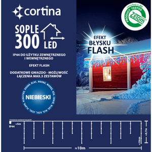 Lampki zewnętrzne sople 300 LED flash zimny / niebieski transformator dodatkowe gniazdo 0,7 x 16 m Cortina
